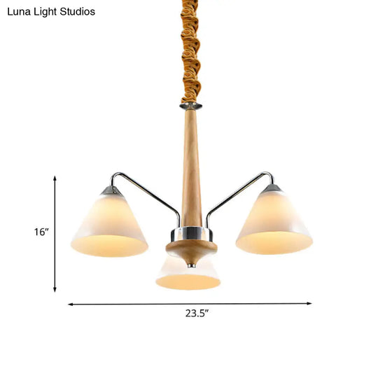 Modern Chrome & Wood Conical Chandelier - 3/5 Lights Frosted Glass Ceiling Lamp