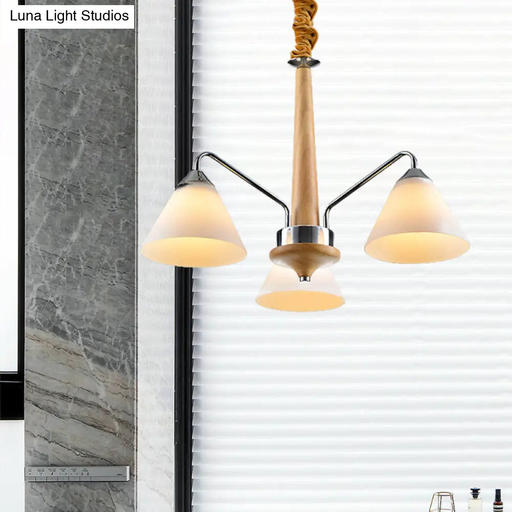 Modern Chrome & Wood Conical Chandelier - 3/5 Lights Frosted Glass Ceiling Lamp