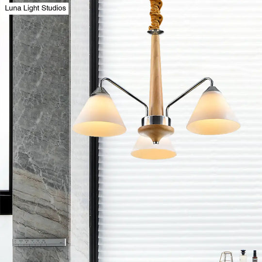 Modern Chrome & Wood Conical Chandelier - 3/5 Lights Frosted Glass Ceiling Lamp