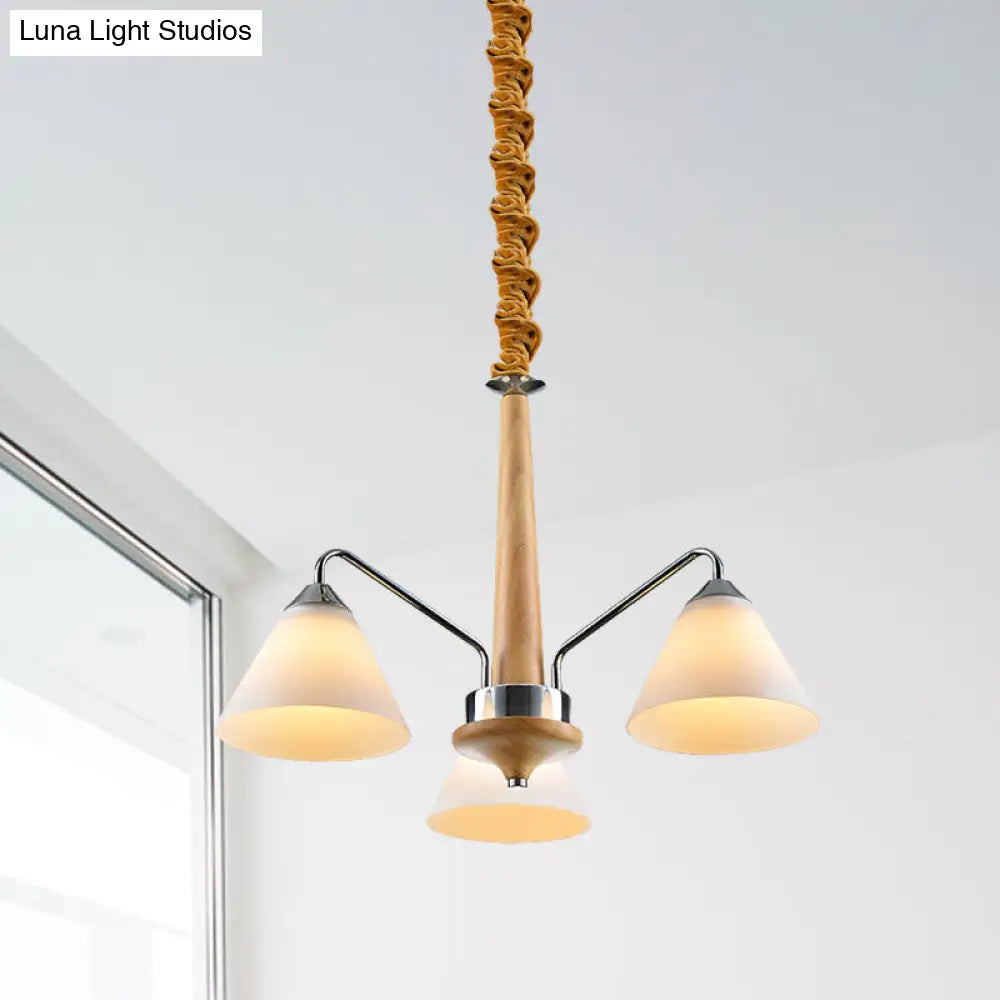 Modern Chrome & Wood Conical Chandelier - 3/5 Lights Frosted Glass Ceiling Lamp 3 /