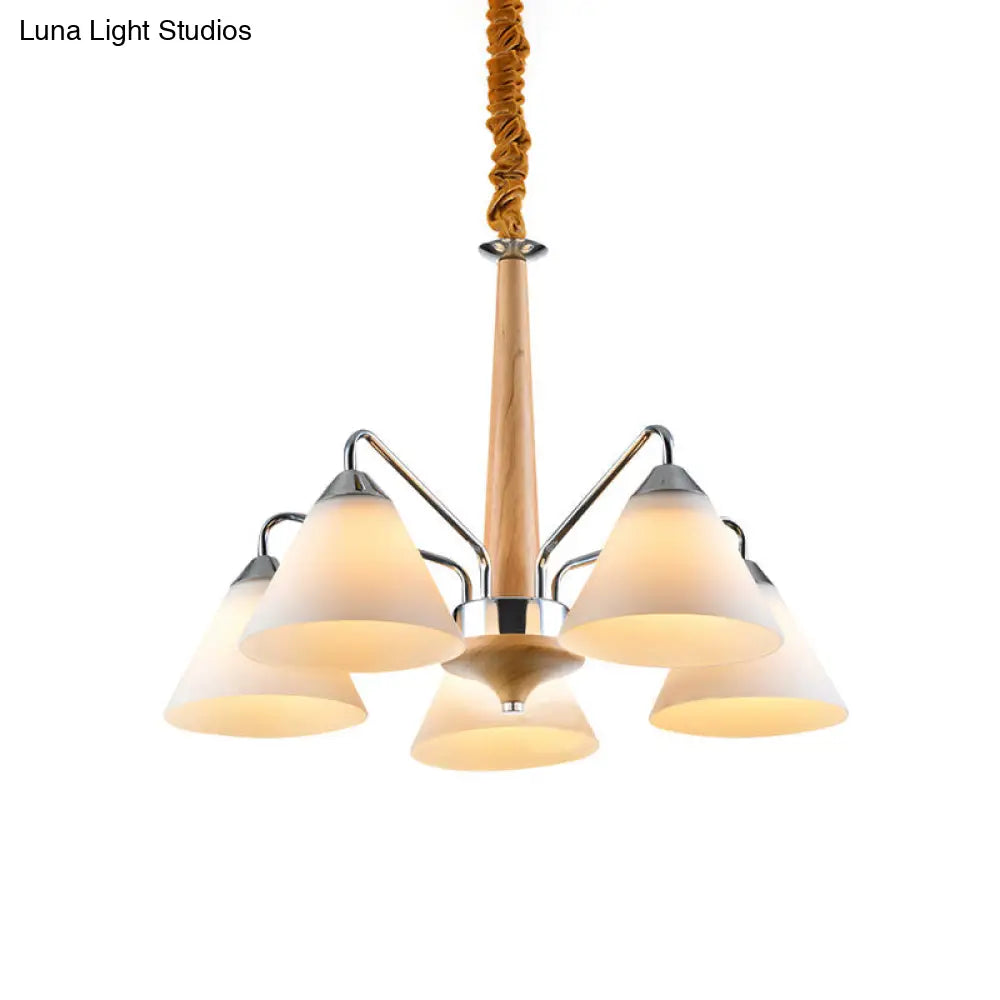 Modern Chrome & Wood Conical Chandelier - 3/5 Lights Frosted Glass Ceiling Lamp