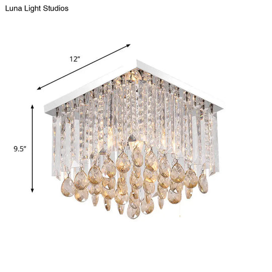 Modern Chrome Crystal Drop Bedroom Ceiling Light - Square Mount 8/12 Wide