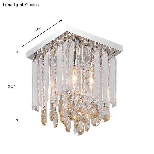 Modern Chrome Crystal Drop Bedroom Ceiling Light - Square Mount 8’/12’ Wide