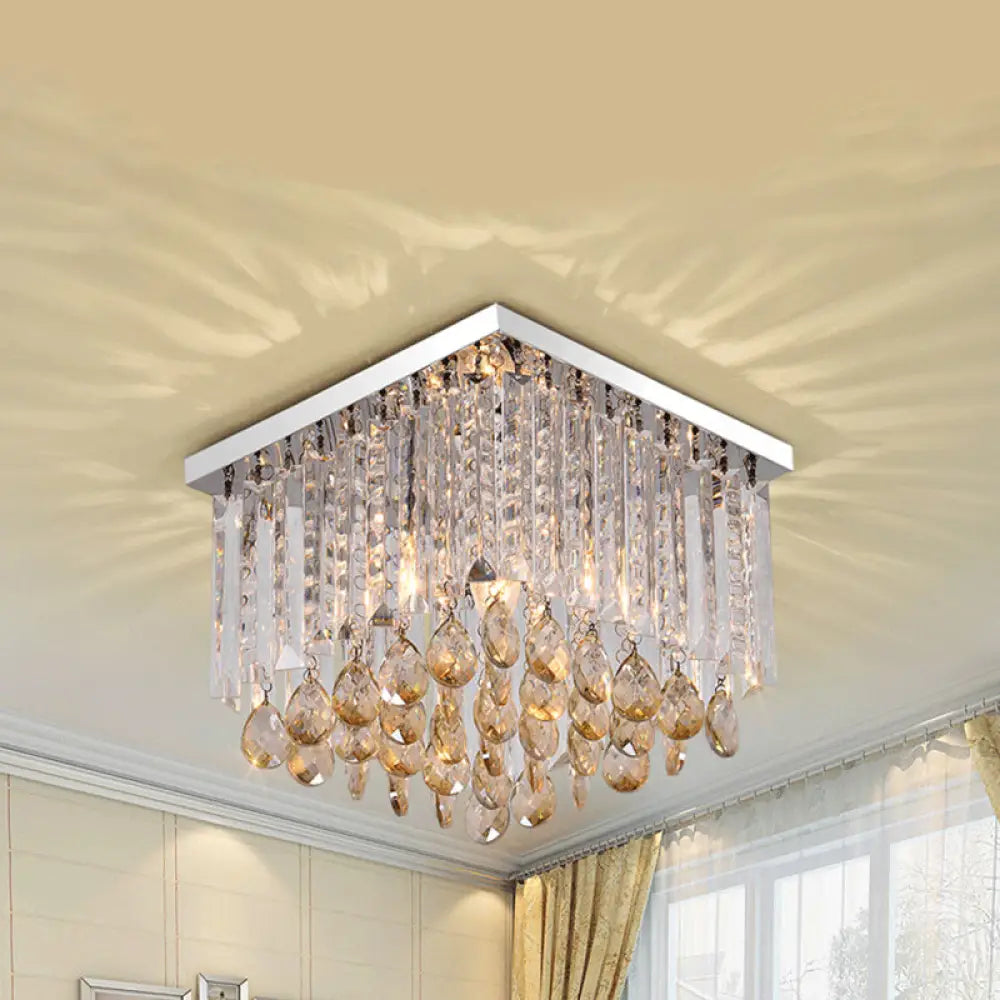 Modern Chrome Crystal Drop Bedroom Ceiling Light - Square Mount 8’/12’ Wide / 12’