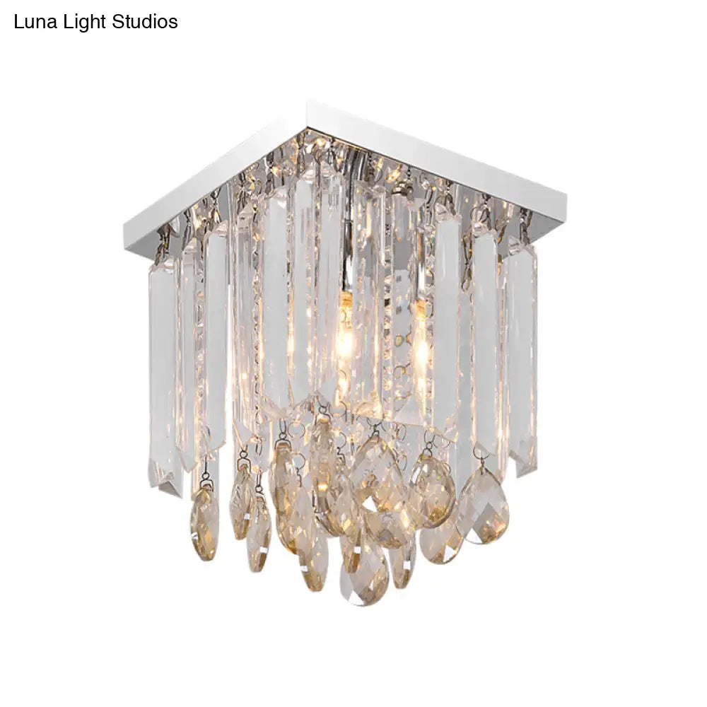 Modern Chrome Crystal Drop Bedroom Ceiling Light - Square Mount 8’/12’ Wide