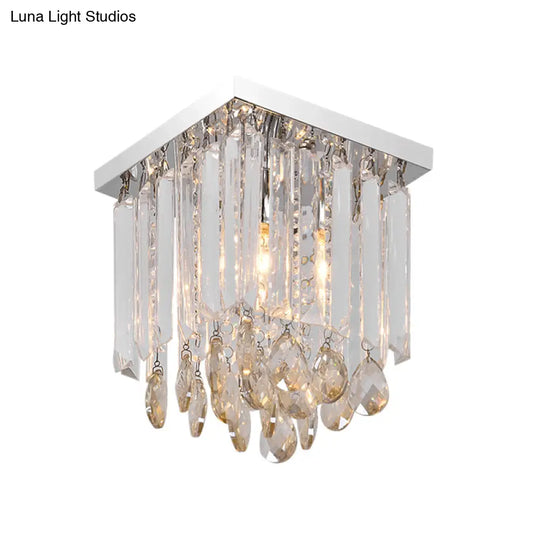 Modern Chrome Crystal Drop Bedroom Ceiling Light - Square Mount 8’/12’ Wide