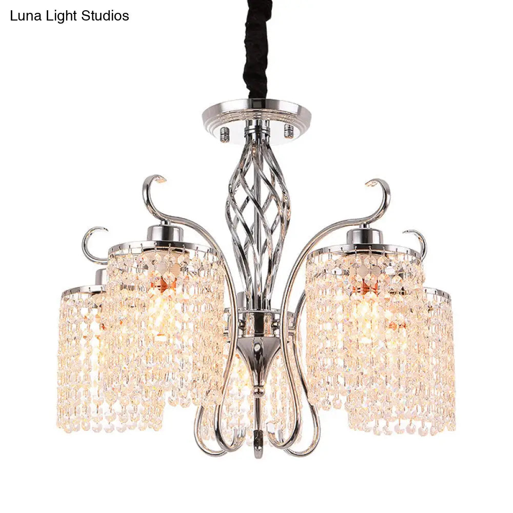 Chrome Crystal Pendant Light With 3/5-Head Modern Cylindrical Chandelier Lamp