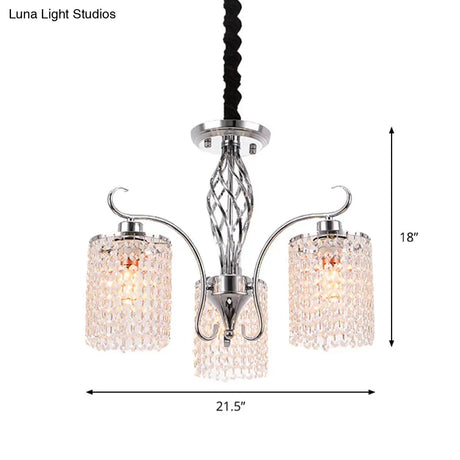 Modern Chrome Cylindrical Chandelier Lamp With Crystal Strand - 3/5-Head Hanging Pendant Light