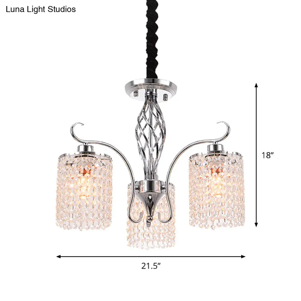 Modern Chrome Cylindrical Chandelier Lamp With Crystal Strand - 3/5-Head Hanging Pendant Light
