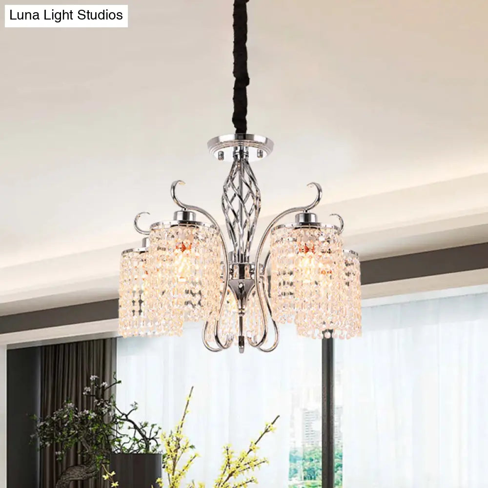 Chrome Crystal Pendant Light With 3/5-Head Modern Cylindrical Chandelier Lamp