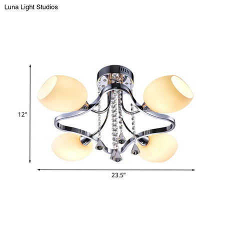 Modern Chrome Dome Bedroom Ceiling Light With White Glass And 4 Lights