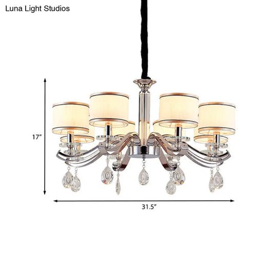 Modern Chrome Finish Chandelier With 8 Bulbs Metal Curved Arms And Small Drum Fabric Shade