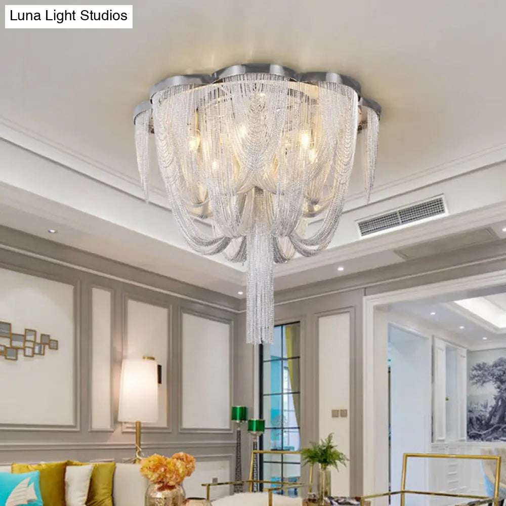 Modern Chrome Finish Flush Mount Ceiling Light | 5 - Light Tassel Chain Chandelier