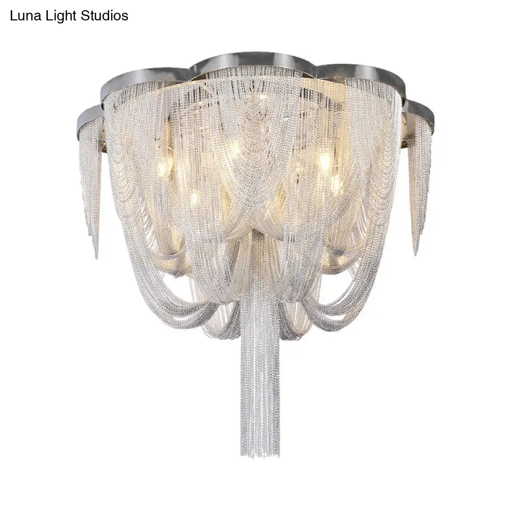 Modern Chrome Finish Flush Mount Ceiling Light | 5 - Light Tassel Chain Chandelier