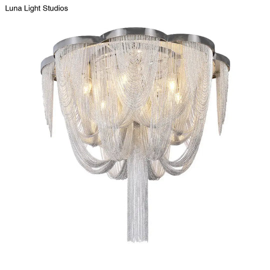 Modern Chrome Finish Flush Mount Ceiling Light | 5 - Light Tassel Chain Chandelier