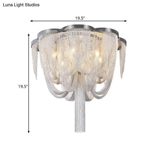 Modern Chrome Finish Flush Mount Ceiling Light | 5-Light Tassel Chain Chandelier