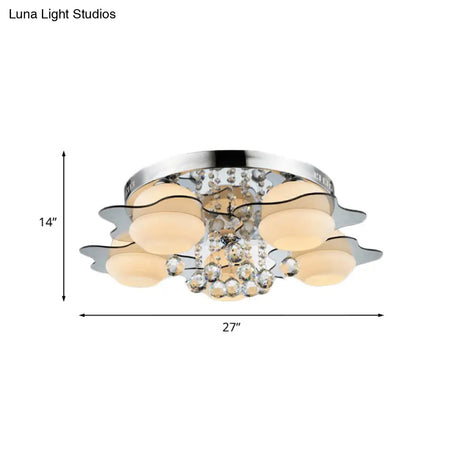 Modern Chrome Floral Flushmount Ceiling Light With Crystal Ball Drop - White Glass 3/5-Head Ideal