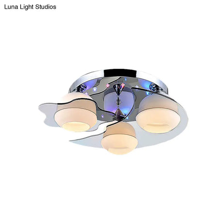 Modern Chrome Floral Flushmount Ceiling Light With Crystal Ball Drop - White Glass 3/5-Head Ideal