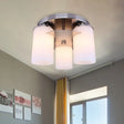 Modern Chrome Flush Mount Lighting - 3 - Light Bedroom Fixture With Cream Glass Shade
