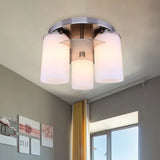 Modern Chrome Flush Mount Lighting - 3 - Light Bedroom Fixture With Cream Glass Shade