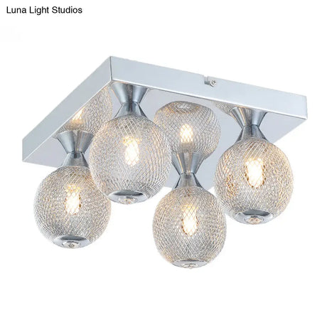 Modern Chrome Flushmount Globe Light With Metal Mesh & Led Illumination - 4 Bulbs