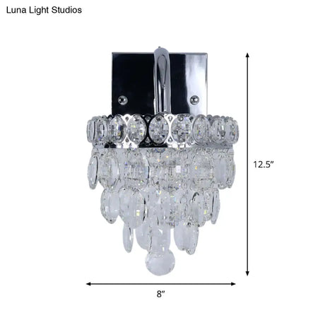 Modern Chrome Led Wall Sconce With Fringe Faceted Crystal And Scroll Arm