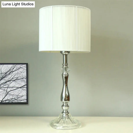 Modern Chrome Night Table Lamp With Barrel Shade - Bedroom Desk Light
