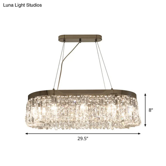 Modern Chrome Oval Island Lamp With Crystal Accents - 10 Head Suspension Pendant Light For Dining
