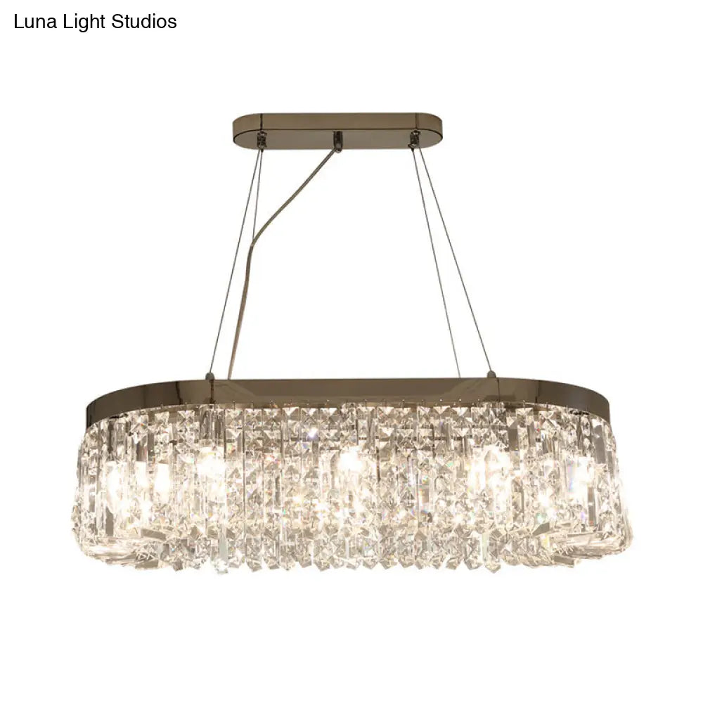 Modern Chrome Oval Island Lamp With Crystal Accents - 10 Head Suspension Pendant Light For Dining