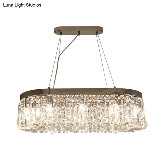 Modern Chrome Oval Island Lamp With Crystal Accents - 10 Head Suspension Pendant Light For Dining