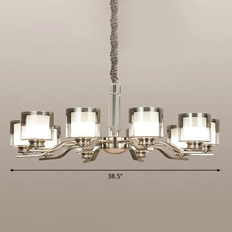 Modern Chrome Restaurant Chandelier With Cylindrical Frosted And Smoke Grey Glass 10 /