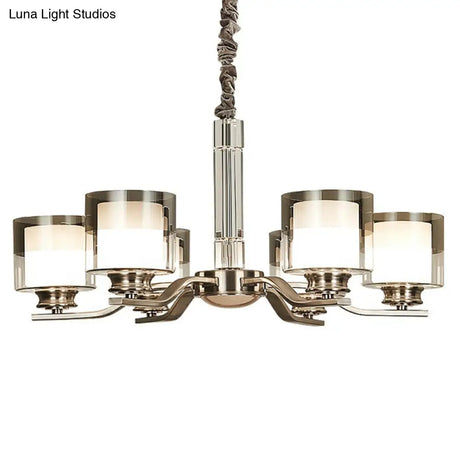 Modern Chrome Restaurant Chandelier With Cylindrical Frosted And Smoke Grey Glass