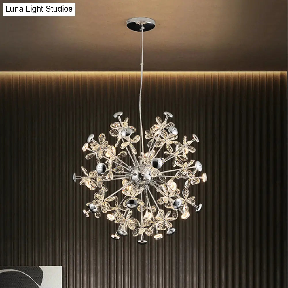 Modern 12-Light Floral Crystal Chandelier: Chrome Starburst Hanging Lamp For Dining Room