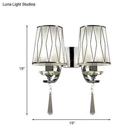 Modern Chrome Wall Lamp With K9 Crystal Drop And Diamond-Pattern Barrel Design