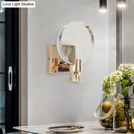Modern Circle Panel Led Wall Lamp With Bubble Crystal In Gold 5/6 Wide