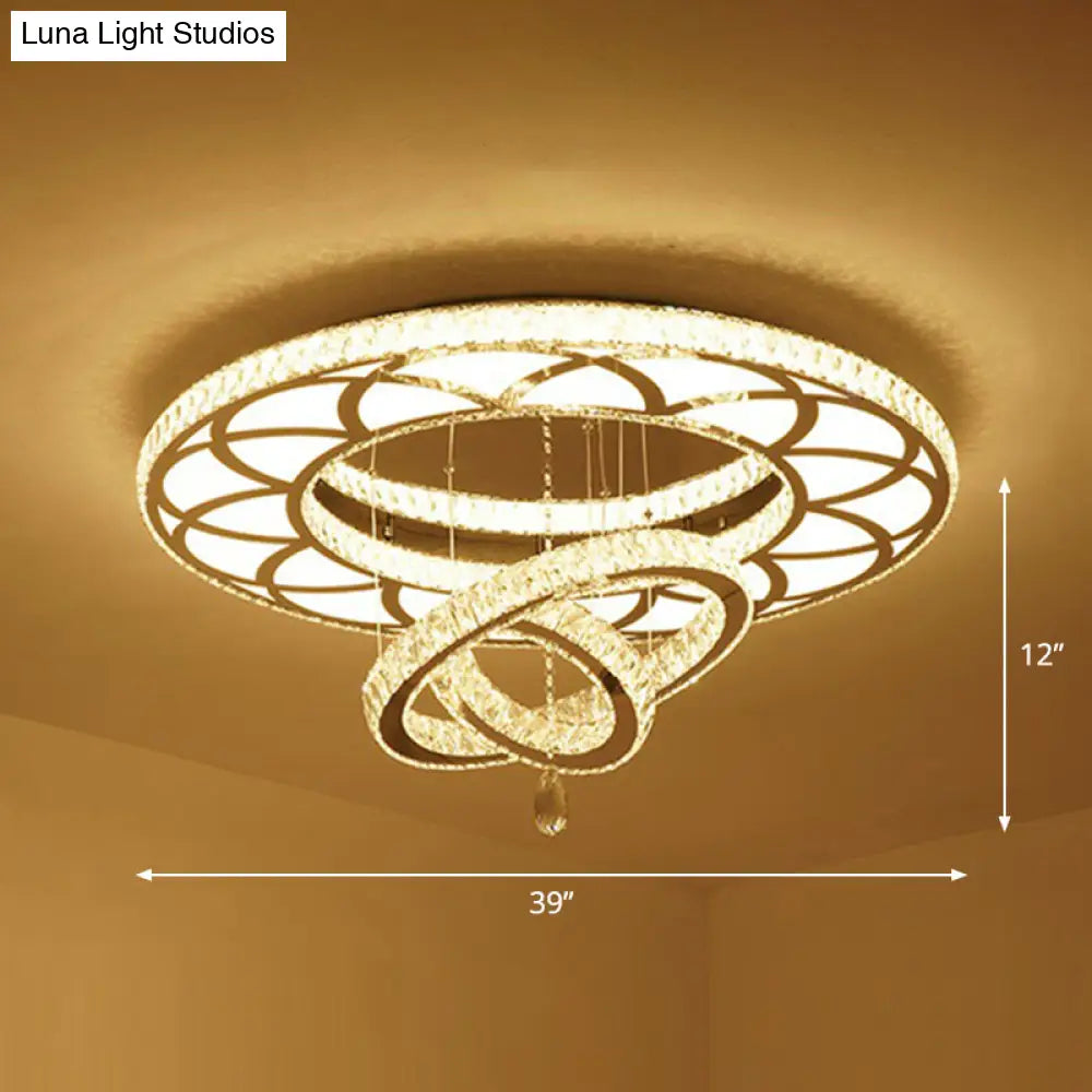 Modern Circular Led Flushmount With Clear Crystal For Living Room Ceiling / 39’ Round