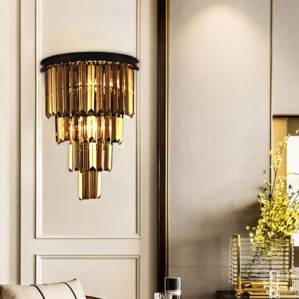Modern Clear/Amber Layered Wall Light Sconce With Crystal Accents - 2-Light Mounted Lamp For Living