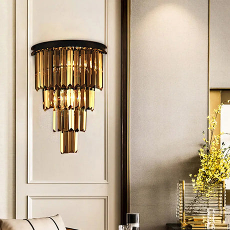 Modern Clear/Amber Layered Wall Light Sconce With Crystal Accents - 2-Light Mounted Lamp For Living