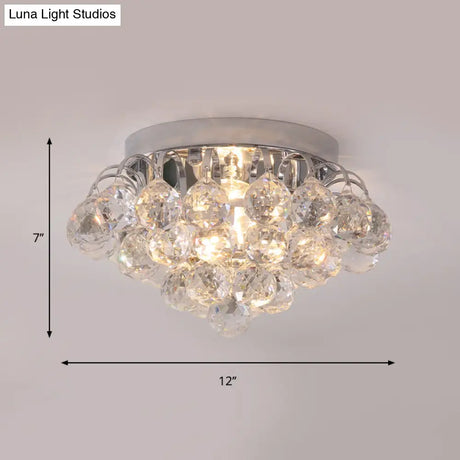 Modern Clear Crystal Ball Flushmount Light - 2 Heads Tapered Ceiling Flush For Corridor