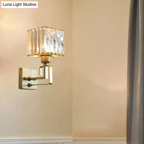 Modern Clear Crystal Block Wall Sconce Light With Gold Finish Ideal For Bedroom Lighting