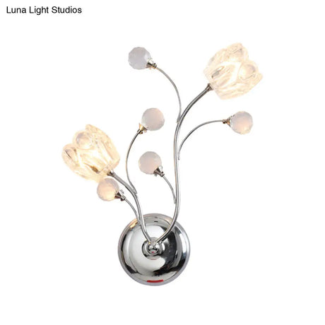Modern Clear Crystal Chrome Wall Lamp With Swirling Arm And Flower Shade- 2 Bulbs Surface Sconce
