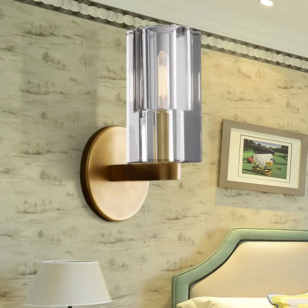Modern Clear Crystal Cylinder Wall Lamp With Brass Backplate - 1 Light Fixture