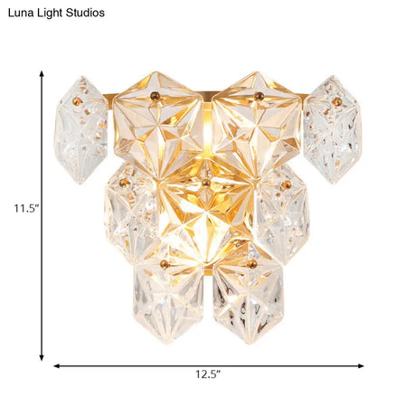 Modern Clear Crystal Hexagon Wall Light With Brass Finish - 2 Lights 8.5/12.5 Width Perfect For