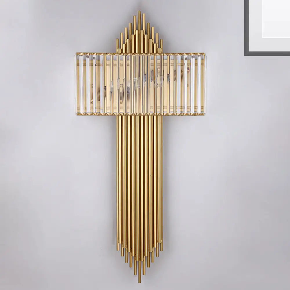 Modern Clear Crystal Wall Sconce With 2 Golden Lights For Bedside - 14.5/16.5 W Rectangular Lighting