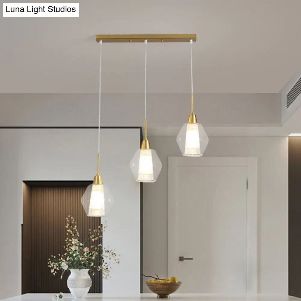 Modern Dual-Shade Diamond Ceiling Hand Lamp With Clear Glass 3-Bulb Gold Pendant Light / Linear