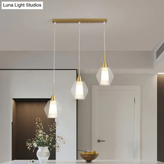 Modern Dual-Shade Diamond Ceiling Hand Lamp With Clear Glass 3-Bulb Gold Pendant Light / Linear