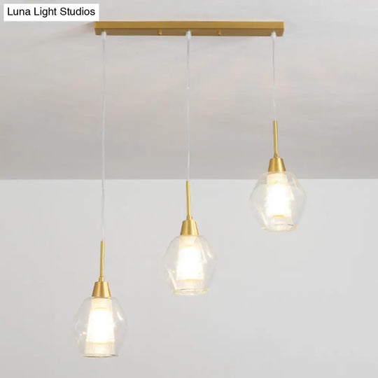 Modern Dual-Shade Diamond Ceiling Hand Lamp With Clear Glass 3-Bulb Gold Pendant Light