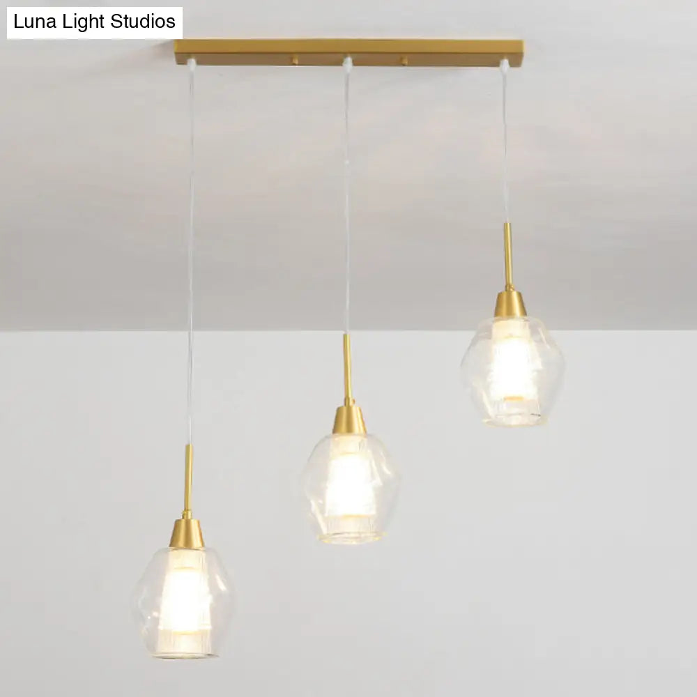 Modern Clear Glass 3-Bulb Gold Cluster Pendant Light - Dual-Shade Diamond Ceiling Hand Lamp