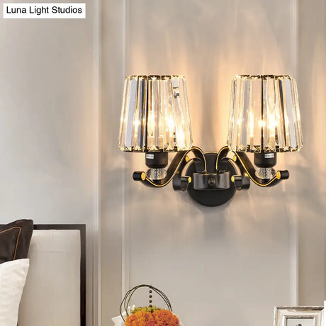 Modern Clear Glass Conic Wall Lamp - 1/2-Bulb Black Sconce Lighting With Crystal Decor
