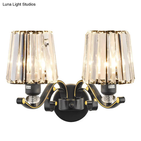 Modern Clear Glass Conic Wall Lamp - 1/2-Bulb Black Sconce Lighting With Crystal Decor